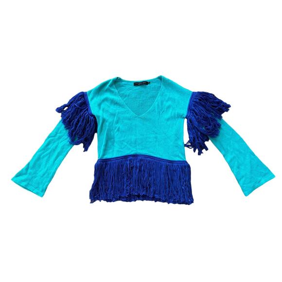 House of Harlow 1960 X Revolve Blue Teal Fringe V Neck Knit Sweater Top Size S - Picture 2 of 8